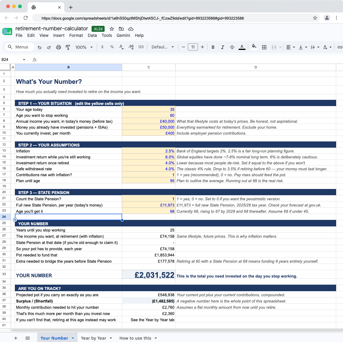 The retirement number calculator spreadsheet, showing a worked example needing £2,031,522 invested to retire at 60